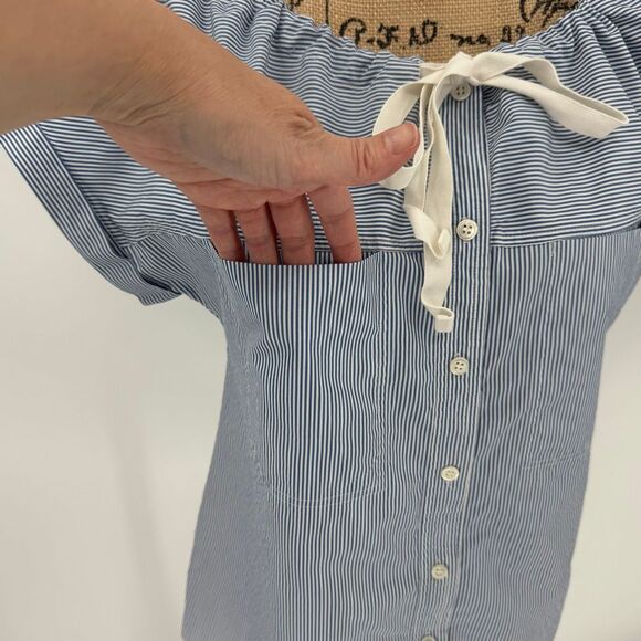 Theory Velvela Taff Stripe Cotton Tie Neck Button Front Top Women Medium Blue - Picture 2 of 7